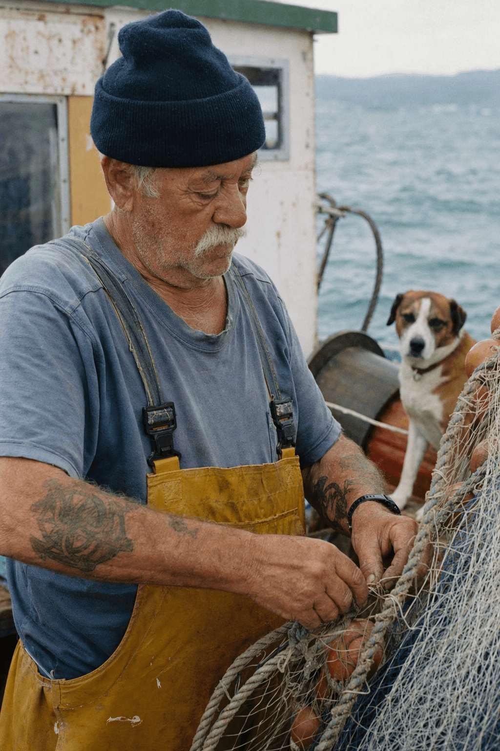An old fisherman in a knit cap mending a net, a dog beside him