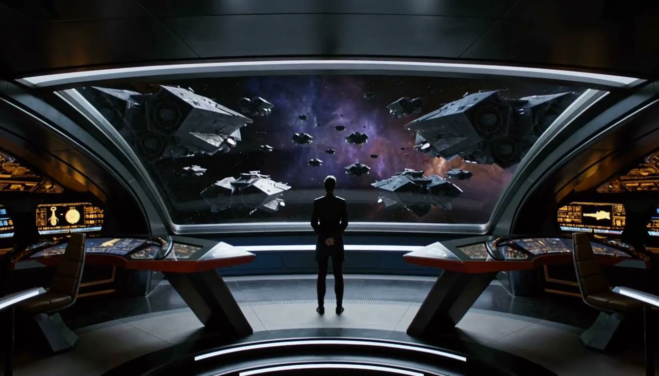 A figure on a starship bridge facing a window full of ships
